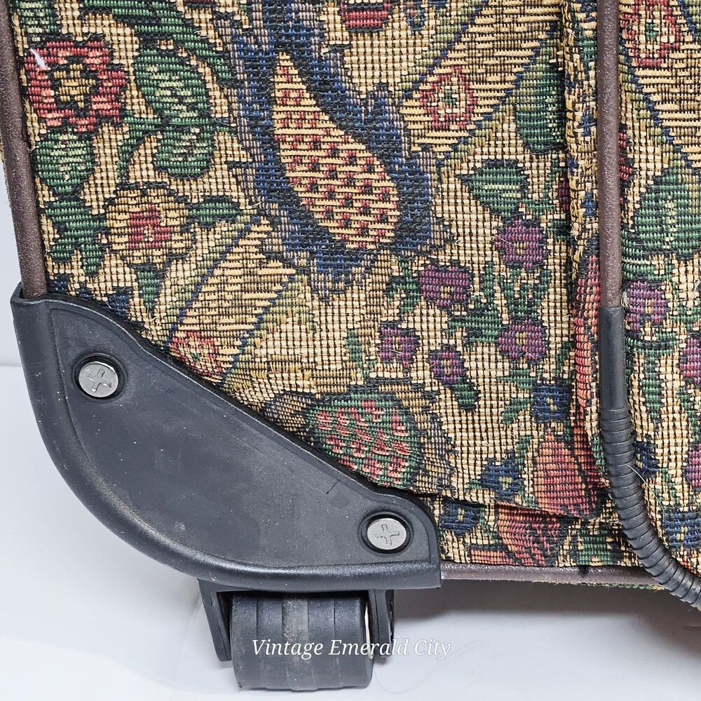 Vtg Lexi Luggage Bag Floral Parsley Tapestry Suitcase Wheels Handle Original Key - Picture 4 of 12